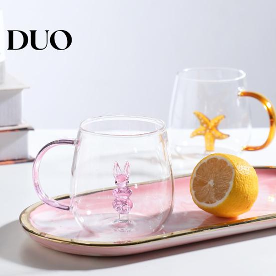 Transparent Glass Drinkware Handmade Cup Animal Plant Shape Water Unique Design Mug Cute Coffee Milk Drink with Colorful Handle Double Wall