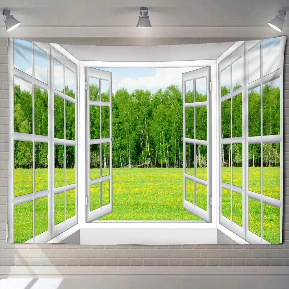 Imitation Window Flower Forest Landscape Painting Tapestry Wall Hanging Bohemian Style Psychedelic Mandala Home Decoration
