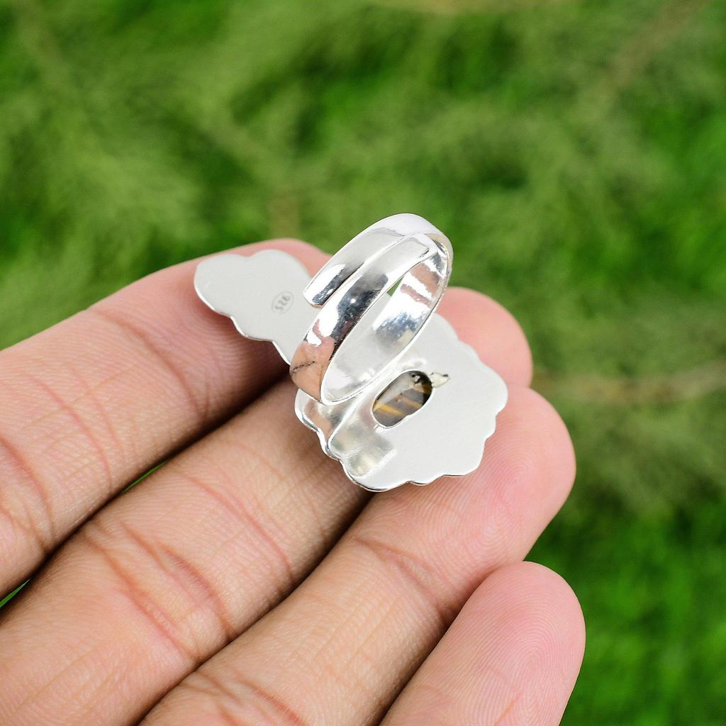 Oval Natural Tigers Eye Promise Flower Wedding Ring Jewelry 925 Sterling Silver