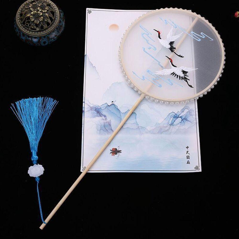 Clothing Acceessories Home Decoration With Tassel Long Handle Chinese Retro Style Embroidery Handheld Fan Pearl Edging