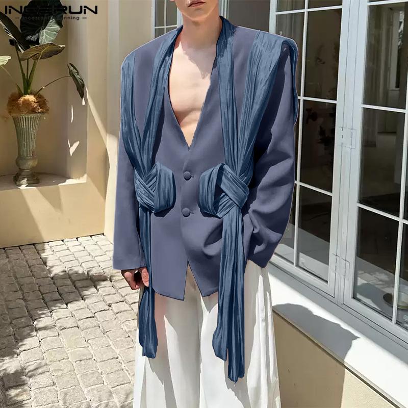 INCERUN Мужские блейзеры с V-образным вырезом, длинным рукавом, блестящие, с оборками, в стиле пэчворк, тонкие, свободного кроя, для вечеринок