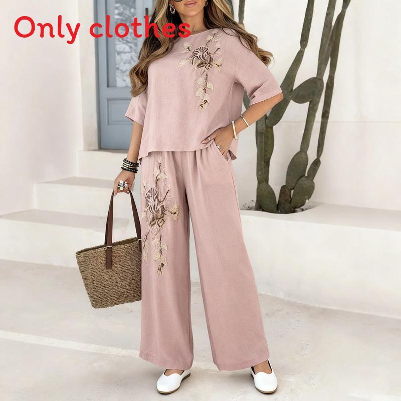 Vintage Plant Embroidery Cotton Linen Casual Pants Set For Women Summer Streetwear