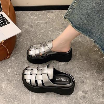 Французские плетеные баотоу полушлепанцы женская обувь весна и лето 2025 новая обувь на толстой подошве-маффин с вырезами универсальные римские сандалии