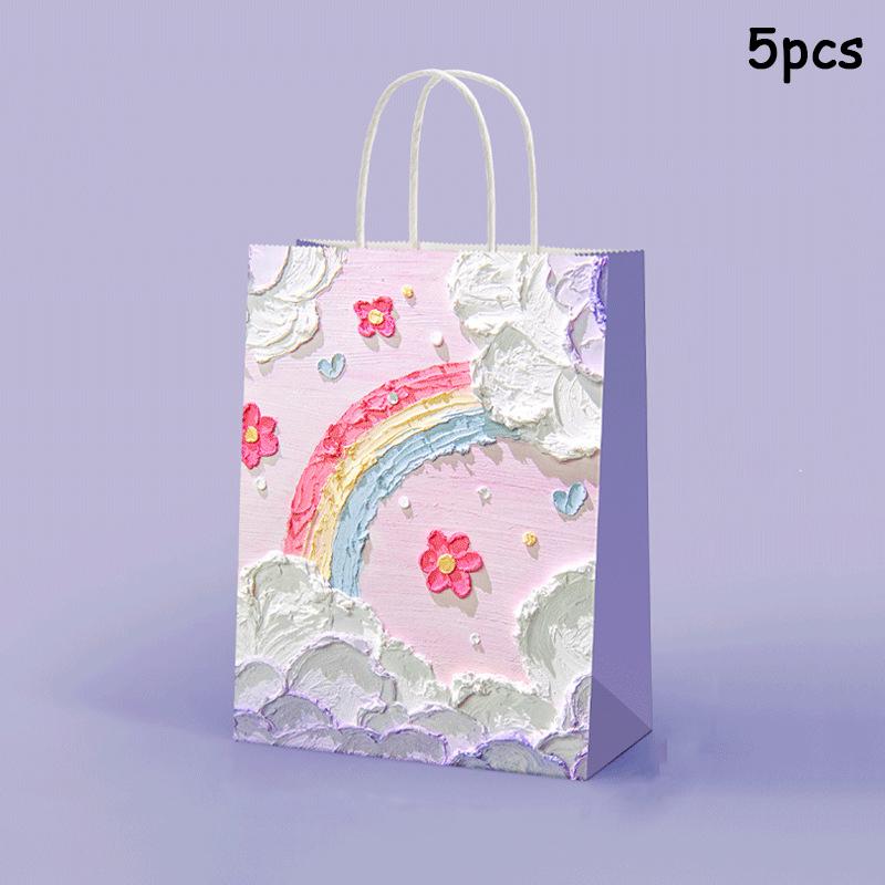 5pcs Kraft Paper Gift Bags Summer Holiday Gifts Bag Birthday Wedding Party Favor Bag Portable Gift Bag 3D Oil Painting Handbag