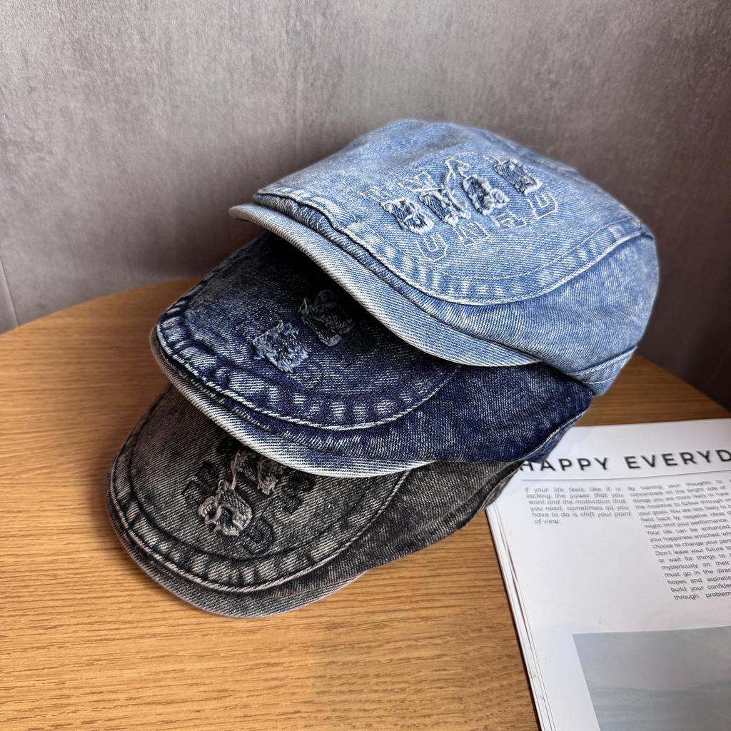 Retro Denim Letter Beret Hat With Wide Brim For Women Streetwear Everyday Use