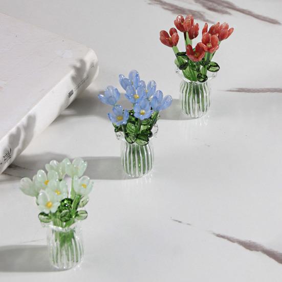 Glass Flower Bouquet with Vase Hand-Blown Mini Flower Decoration Home Living Room Handmade Simulation Floral Ornament with