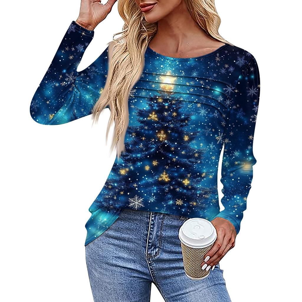 Женская повседневная модная футболка с круглым вырезом и длинными складками на Рождество