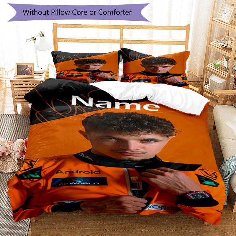 3pcs Custom Name Lando Norris Bedding Set Duvet Cover Closure Includes 1 Duvet Cover & 2 Pillowcases, Soft and Comfortable for All Seasons.