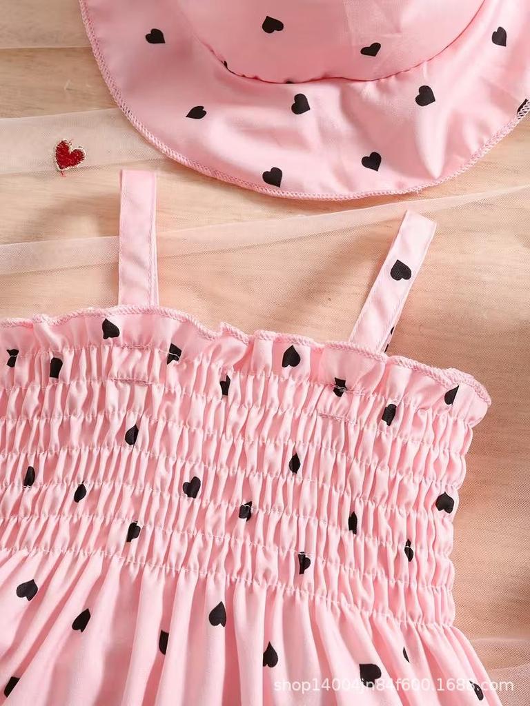 Toddler Girl Heart Smocked Dress and Hat Set Kids Beach Wear
