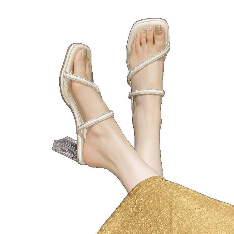 Sandals Premium 2025 Open Toe New Small Fragrant Wind Crystal Cool Slippers Women's Thick Heel Transparent Fashion and Summer