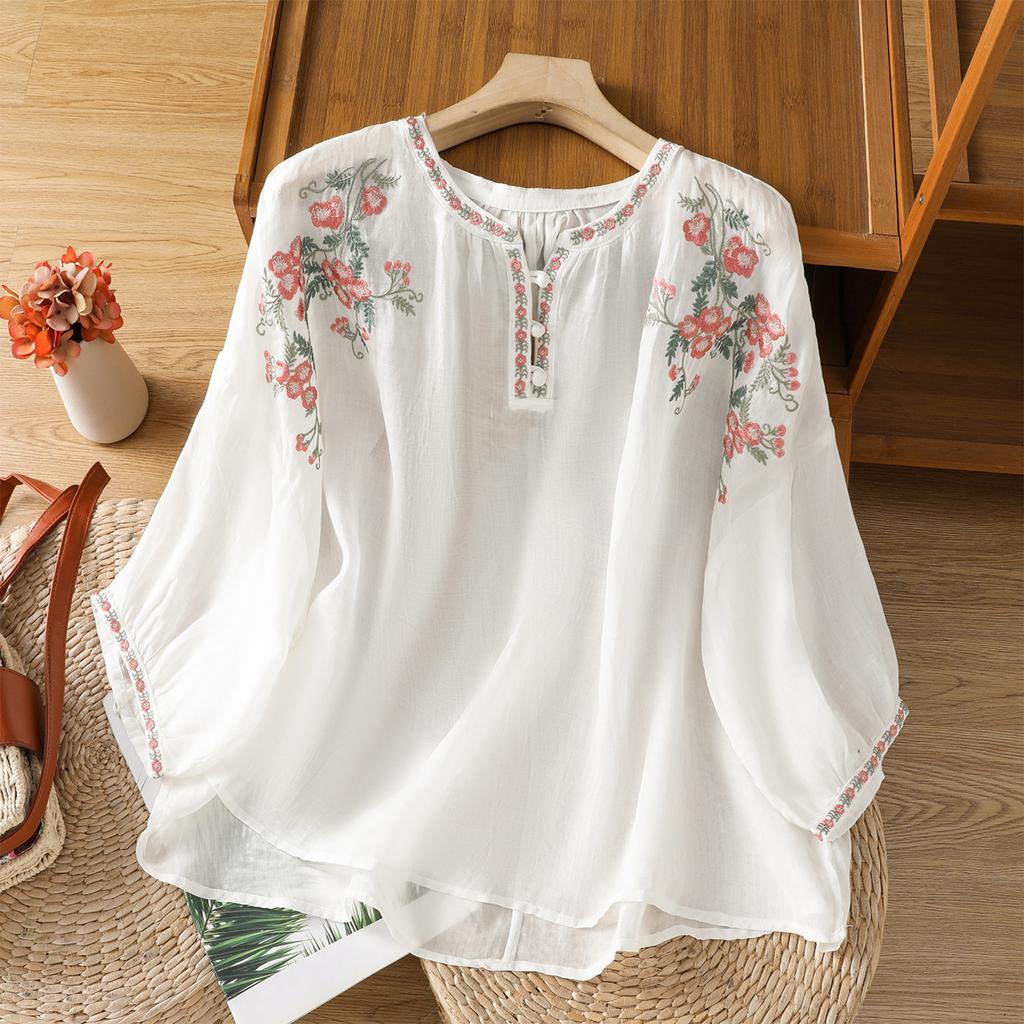 Женская повседневная модная блузка-пуловер с коротким рукавом, круглым вырезом и вышивкой