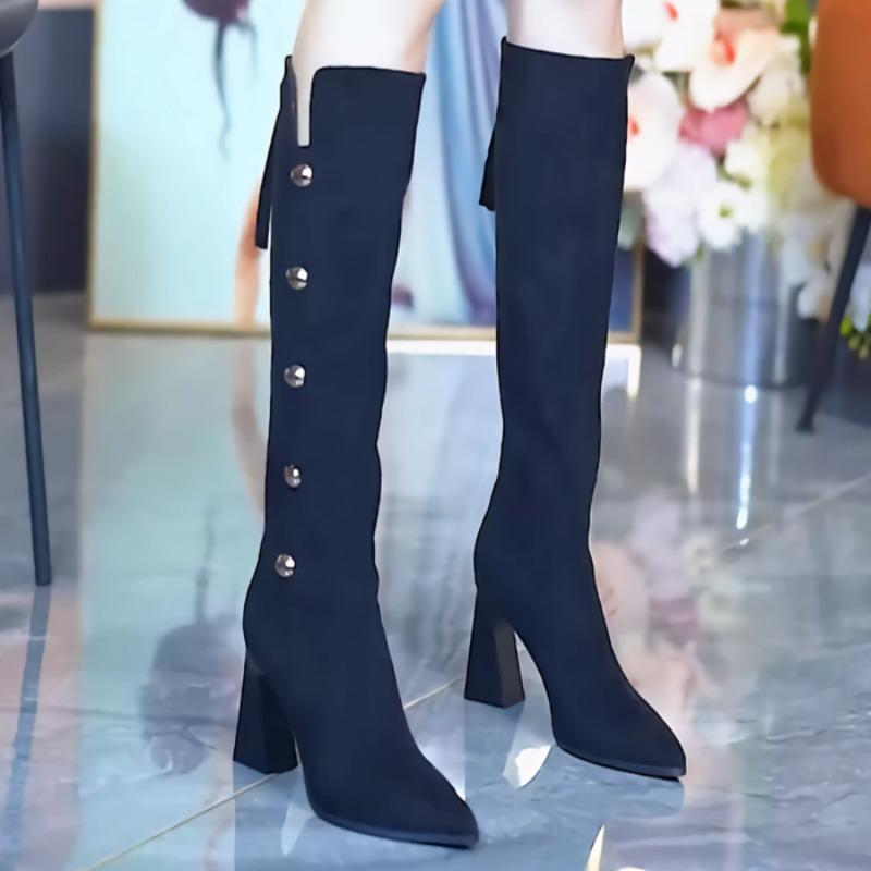 Модные высокие сапоги до колена, женские замшевые туфли с острым носком и высоким каблуком, зимние трендовые готические туфли челси, массивные ботинки Mujer
