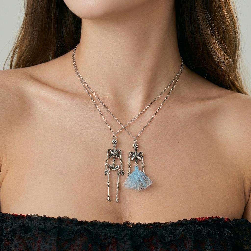 Halloween Vintage Skeleton Skull Dangle Earrings Necklace for Women Men Goth Punk Gothic Asymmetrical Earrings Party Jewelry