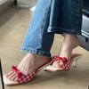 Fashion Summer slippers for women Square toe French checkered sandals for women wearing butterfly condensation toe high-heeled sandals