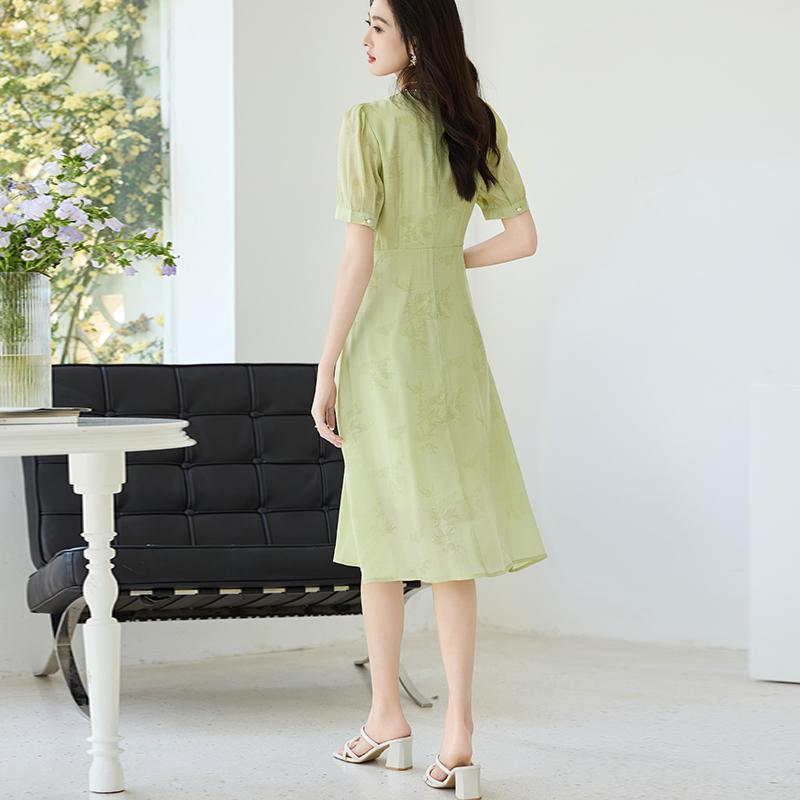 New Chinese style light national style buckle pearl square neck cinched waist slimming bamboo texture heavenly silk dress