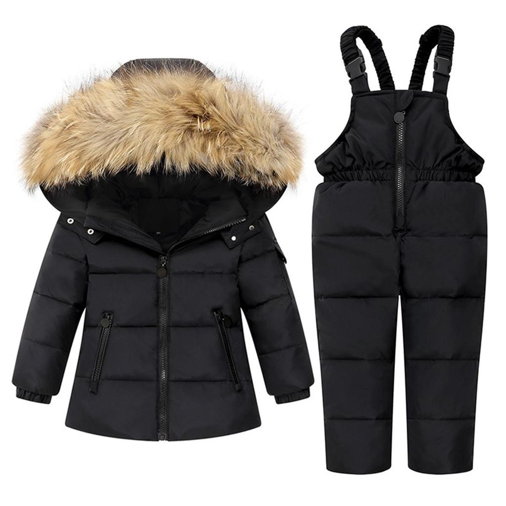 1-6 Years Kids Girls Boys Snow Wear Winter Hooded Puffer Jacket Outerwear and Bib Pants Two Piece Snowsuit Outfits