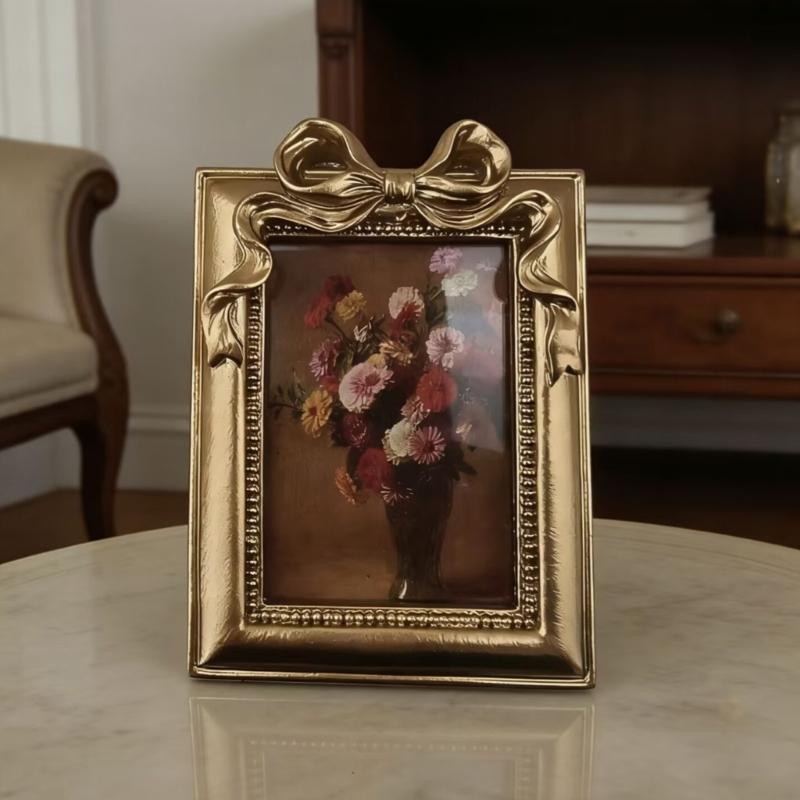 Античная золотая фоторамка, украшенная бантиком из смолы, для гостиной, спальни, настенного или настольного размещения