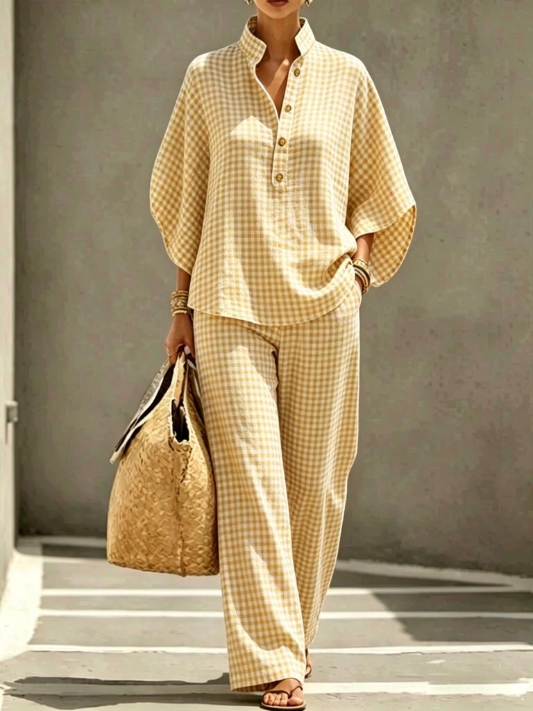 Sheng Miao European and American New Women's Plaid Shirt Set, Casual Urban Casual Style