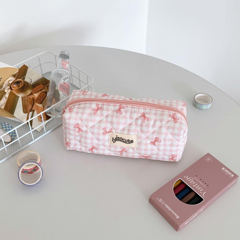 1 шт., милый студенческий пенал для девочек ярких цветов, клетчатая сумка-карандаш с кружевным бантом, мультяшная сумка для хранения канцелярских принадлежностей, школьные принадлежности