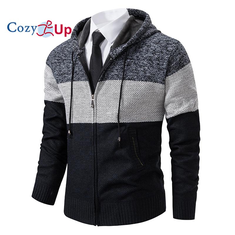Cozy Up Autumn  Hooded Warm Sweater for Men with Thick and Velvet Men Knitted Sweatercoats Patchwork Jacket Male