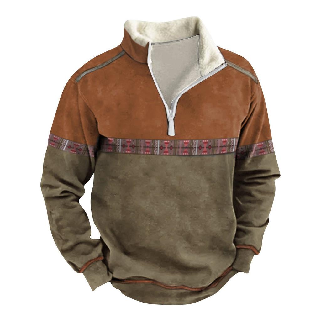 Long Sleeve Tops Men's Zip Contrast Winter Sweatshirt Outdoor Casual Sweater