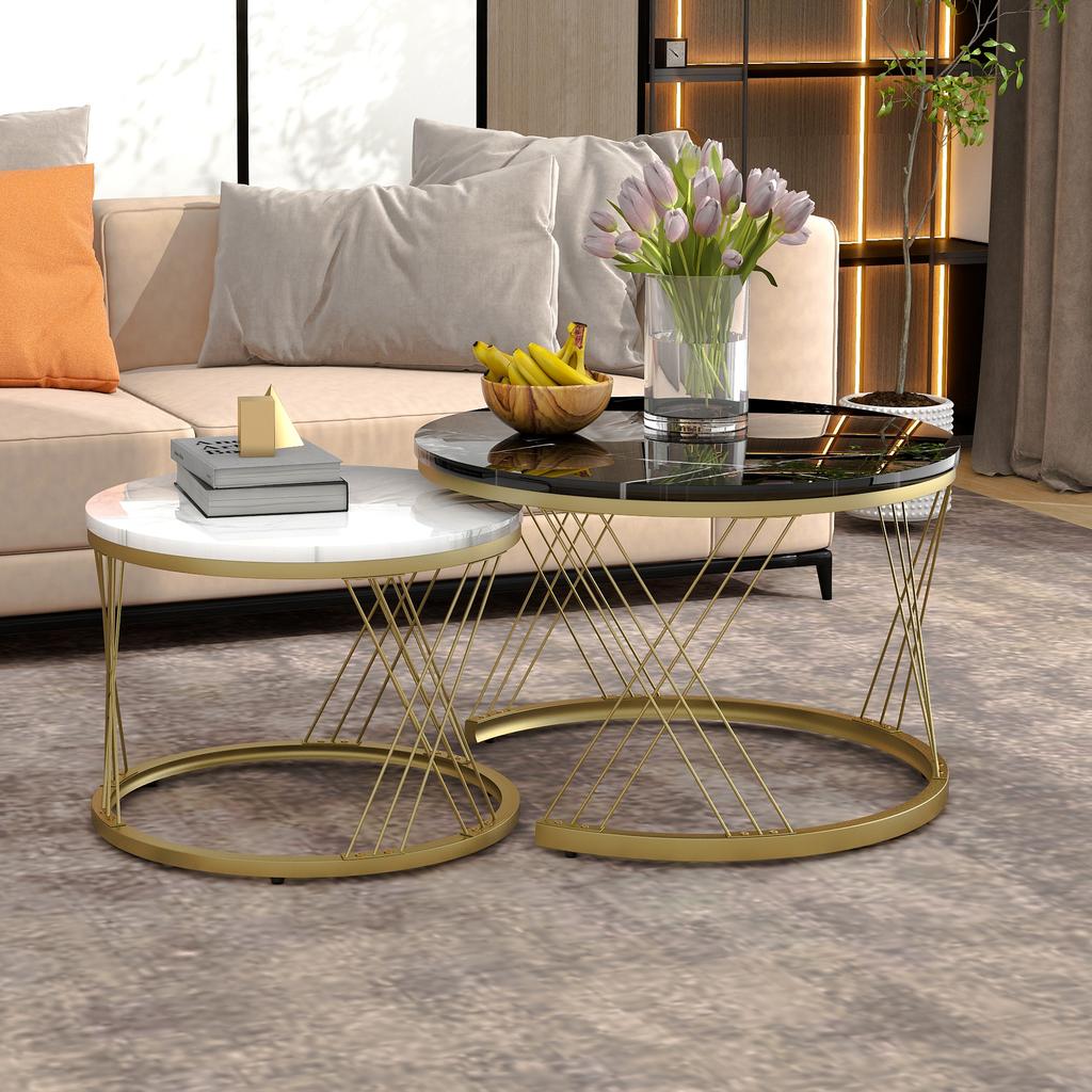 WF300416BAA) Modern Nesting Coffee Table, Coffee Table Set Marble Veneer Sofa Side Nest of Tables Round End Tables, Set of 2, Golden Color Frame