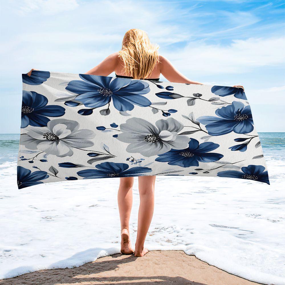 Blue White Floral Print Beach Towel Bath Towel Digital Printed Microfiber Pool Towel Quick Dry Soft Blanket For Travel Swim