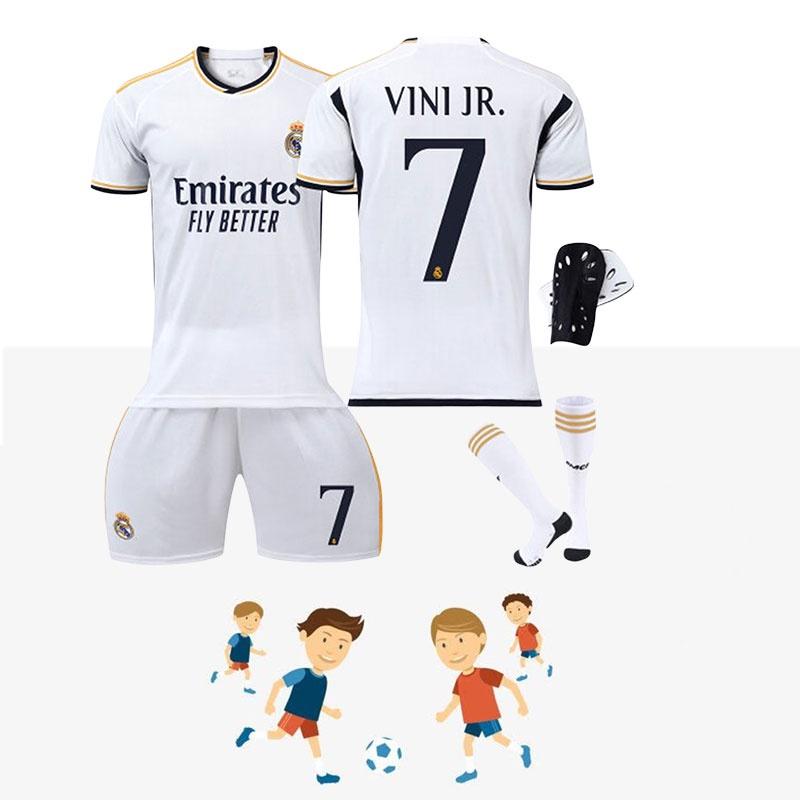 Real Madrid Home 7 Vini.jr Soccer Clothing Set Polyester Material Shirt Pants Socks And Protective Gear Included