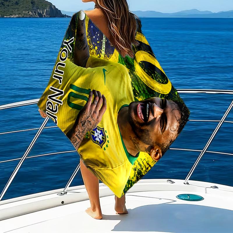1pc Brazilian football player Beach Towel with Custom Name, Beach and Seaside Swimming Pool Equipment, Fashion Pattern, Rectangular, Travel Essential