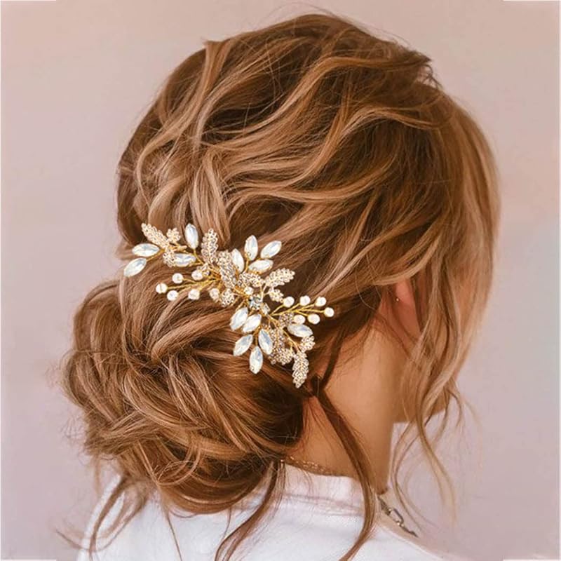 JEAIRTS Leaf Wedding Hair Comb Rhinestone Bridal Headpiece Opal Bridal Crystal Hair Accessories for Women(1-Gold)