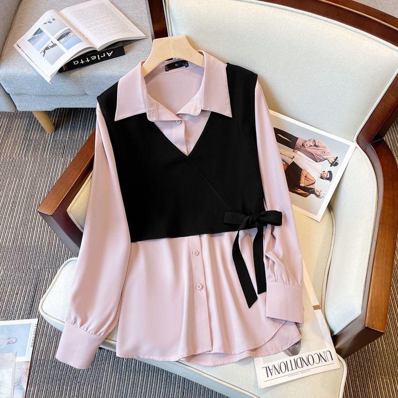 New French Style Top for Women with A Niche Design, Unique Splicing, Fake Two-piece Shirt Trend