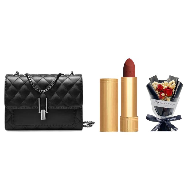 Gucci Набор макияжа Qingse Матовый #505 для официальных мероприятий 3,5 г + букет гипсофилы + маленькая ароматная черно-клетчатая сумка, в подарок парфюм Qimeng Gardenia 1,5 мл