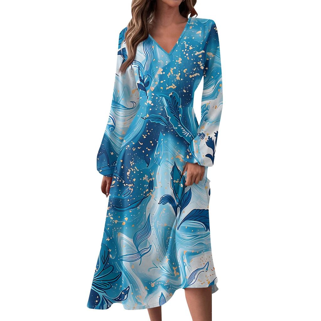 Женское и зимнее повседневное модное длинное платье с V-образным вырезом и длинными рукавами