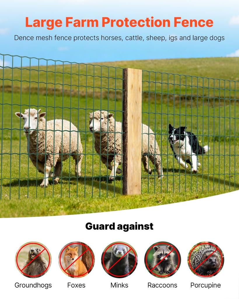 Farm Fence, 1.2 x 25 m, 2 x 4 in Mesh 2.1mm Galvanized Steel Wire Fencing for Cattle, Hog & Sheep, Heavy Duty Vinyl Coated Livestock Fence for Animal