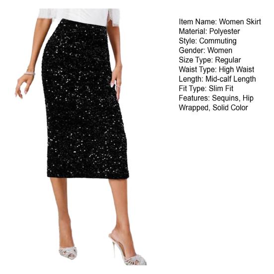 Женская юбка с высокой талией, однотонная, с отделкой пайетками, стройнящая, подчеркивающая форму ног, миди-юбка, для работы, вечеринки, повседневной носки