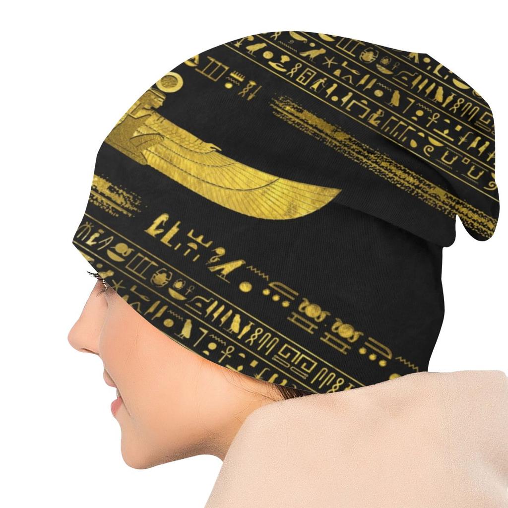 Золотой египетский орнамент бога на черных кожаных шапках Skullies, зимняя теплая шапка-бини, вязаная шапка в Древнем Египте для лыж