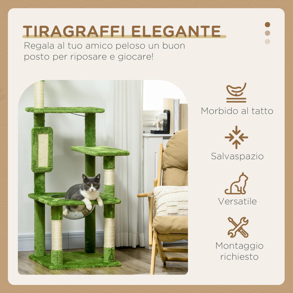 Multi-Level Cat Tree with Hammock, Scratching Post, Ball and Decorative Leaves, 49x49x142 cm, Green