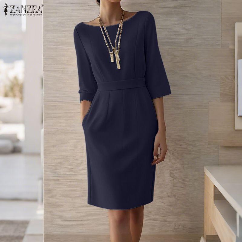 ZANZEA Women Casual Round Neck Summer 3/4 Sleeve Sheath Dress