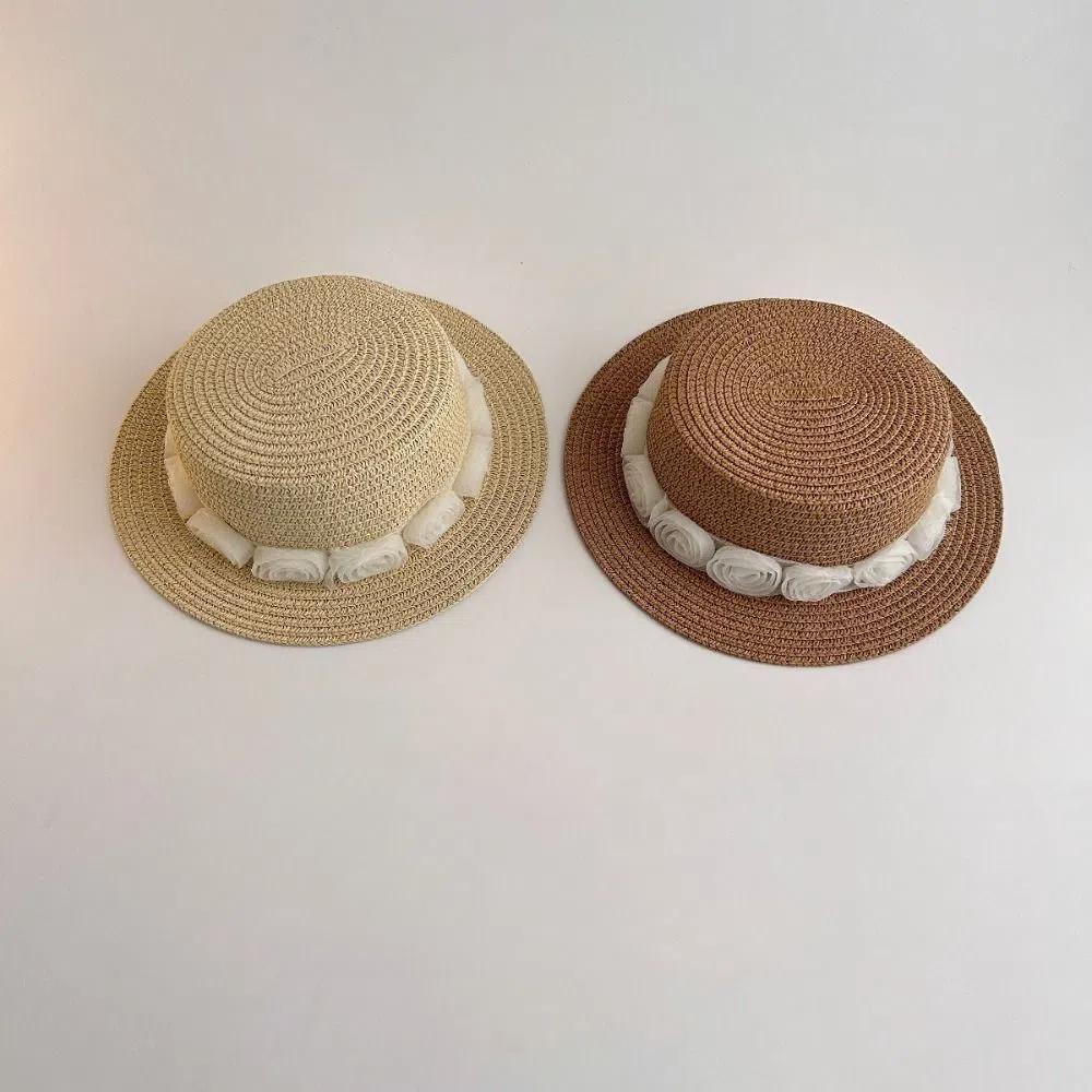 Summer Baby Straw Caps French Children Sun Hat Trendy Flower Lace Straw Hat for Kids