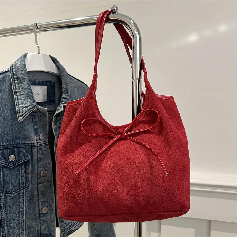 Fashion Bow Design Shoulder Bags for Women Vintage Faux Suede Ladies Commuter Underarm Tote Bag Female Large Capacity Handbags