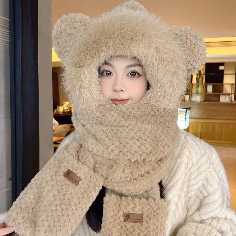 Hat Female Autumn and Winter Warm Knitted Wool Snow Hat Cycling Mother Fashion Ear Protection Headgear Scarf Integrated Hat