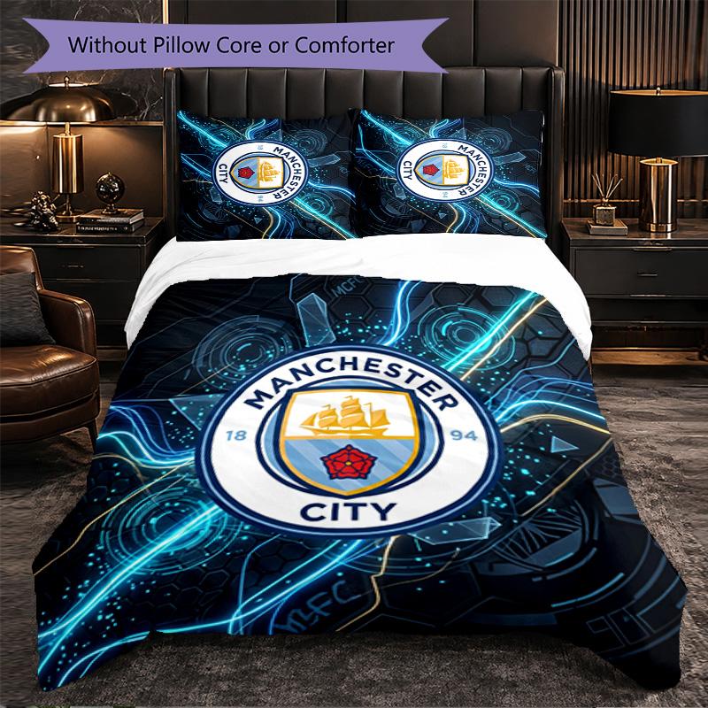 Manchester City Pattern 3 Pieces Bedding Set Soft Microfiber Duvet Cover with Pillow Cases for Bedroom
