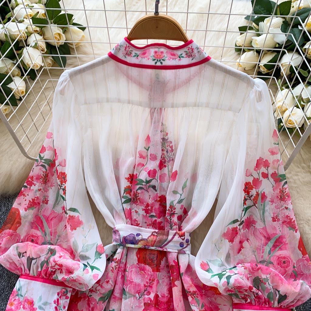 Spring Summer Women Lantern Sleeve Print Chiffon Mini Short Chic Boho Holiday Beach Lace-up Dresses