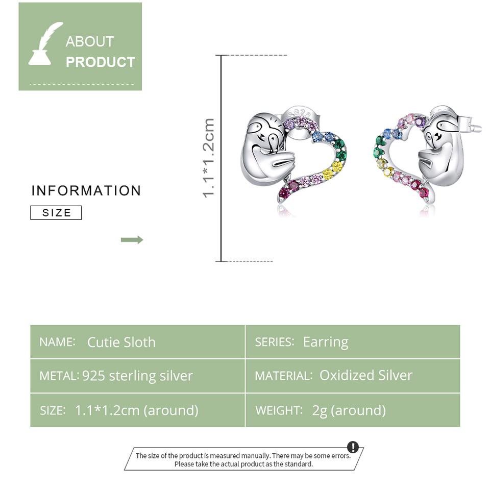 BAMOER Rainbow Color Heart Stud Earrings 925 Sterling Silver Sloth Animal Ear Pink Fine Jewelry