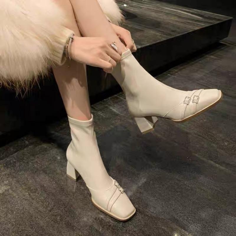 Autumn Winter Cowhide Vintage Fashion Women's Square Head Short Boots Belt Buckle Decoration Sexy Elegant Spliced Elastic Boots