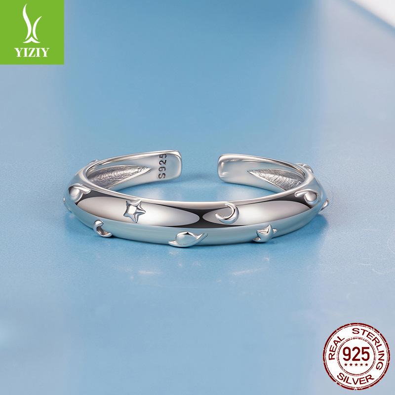 Neutral Wind Planet Open Ring Silver Full Body, Personalized Star Moon S925 Sterling Silver Ring Jewelry