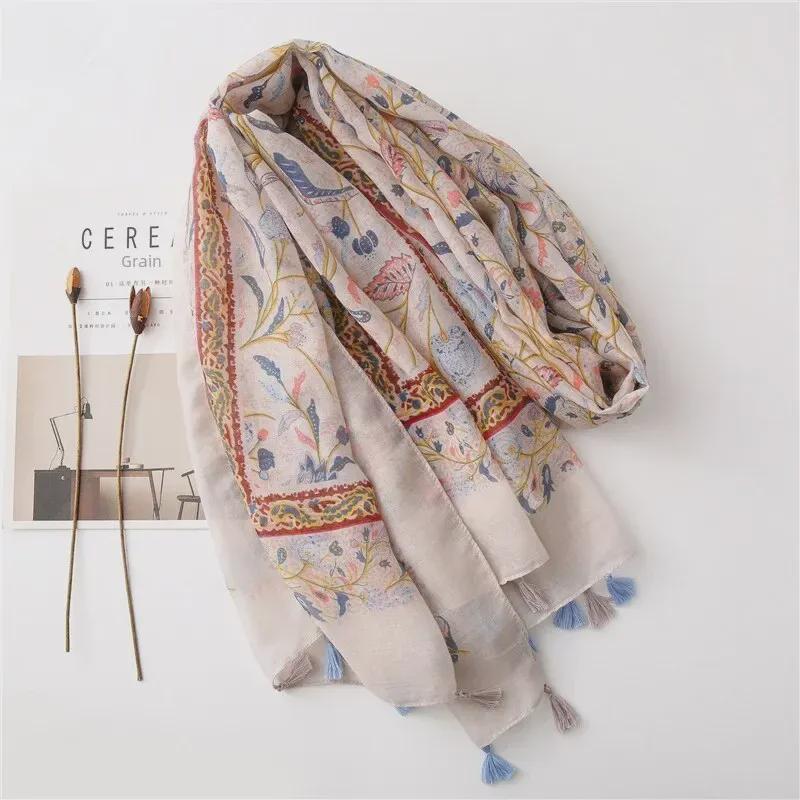 Новый бежевый цветочный шарф и солнцезащитная шаль из хлопка и льна для женщин — идеальный вариант для летнего отдыха на море и пляжа