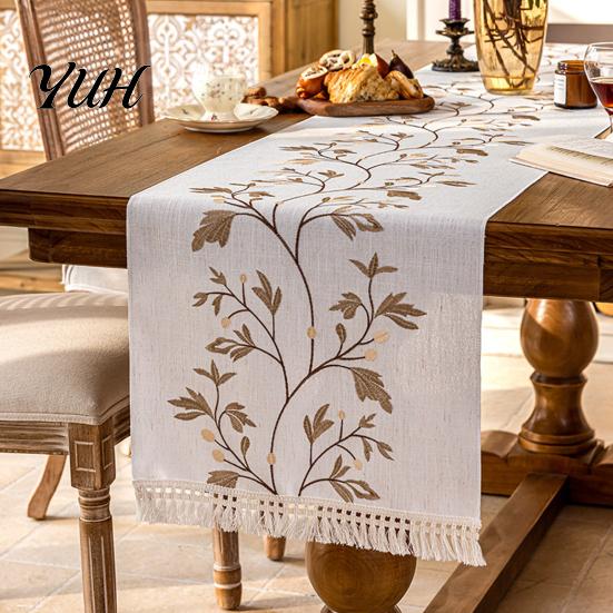 Table Runner for Wedding Reception Embroidered Leaf with Tassels, Rustic Farmhouse Rectangle Tablecloth, Imitation Holiday Decor Cotton And