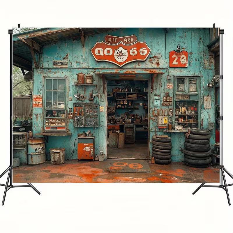 2D Rustic Auto Repair Backdrop, Route 66 Mechanic Shop Photo Booth Banner