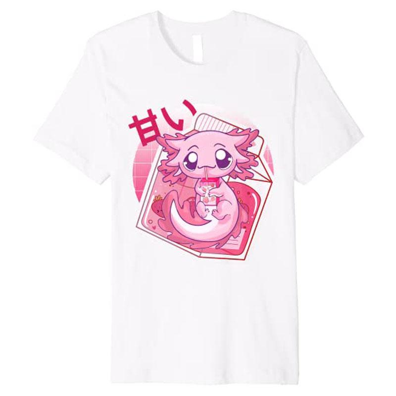 Kawaii Axolotl Strawberry Milk Japanese Anime Girls Teenager Premium TShirt Y2k Cartoon Unisexga Graphic Aesthetic Clothes Novelty